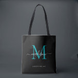Initialer Name des Aquamarin-grünen Monogram-Skrip<br><div class="desc">Modernes Schwarz-Aquamarin-Grün-Monogramm Eleganter Skriptname Initial Tote Bag</div>