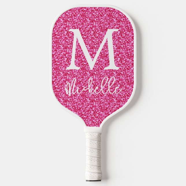 Initialer Name des trendy Hot Pink Glitzer Monogra Pickleball Schläger (Vorderseite)