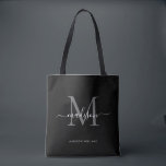 Initialer Name für Schwarz-Silber-Monogramm-Skript<br><div class="desc">Modernes Schwarz Silver Slate Gray Monogram Eleganter Script Name Initial Tote Bag</div>