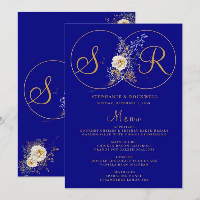 Initiales Hochzeitmenü für das Blue Gold Monogram Menükarte (Vorne/Hinten)