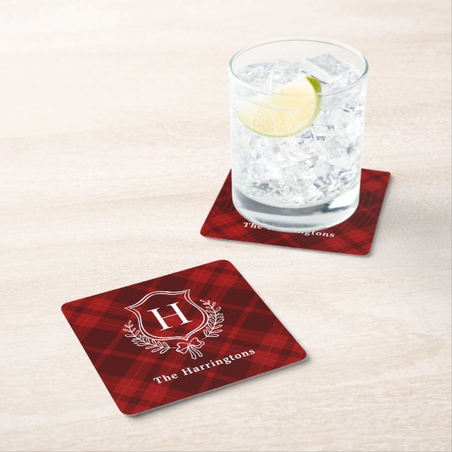 Initiales Red Kariert Winter Monogram Wappen Rechteckiger Pappuntersetzer (Vor Ort)