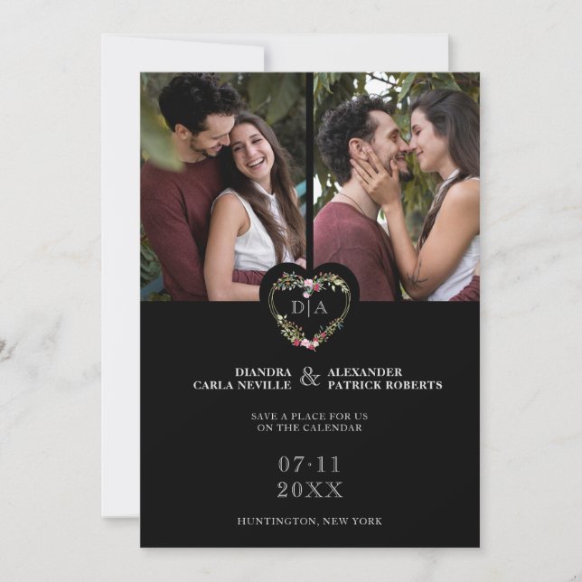 Initials Floral Red Heart 2 Photos on Black Save The Date (Vorderseite)