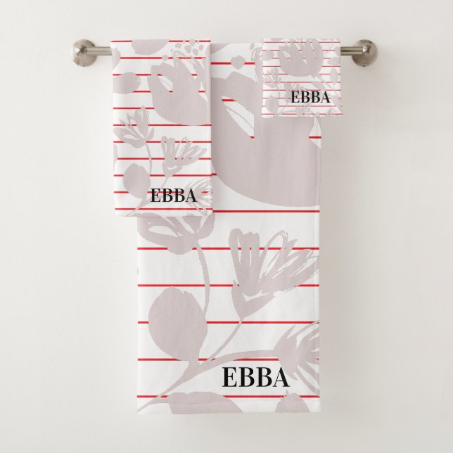 Initials pretty red stripes pink flowers girly badhandtuch set (Insitu)
