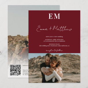 Initials rot burgundy einfache 2 Fotos qr Hochzeit Einladung