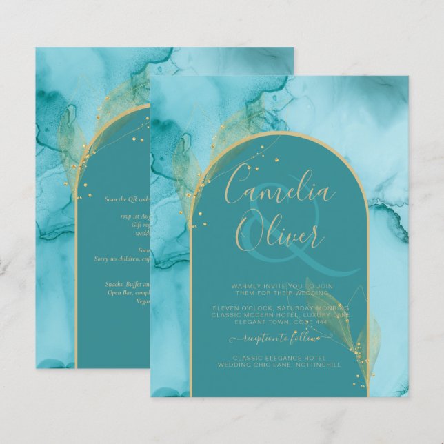 INK Abstrakt Türkis Aquamarin Gold Wedding INVITE (Vorne/Hinten)