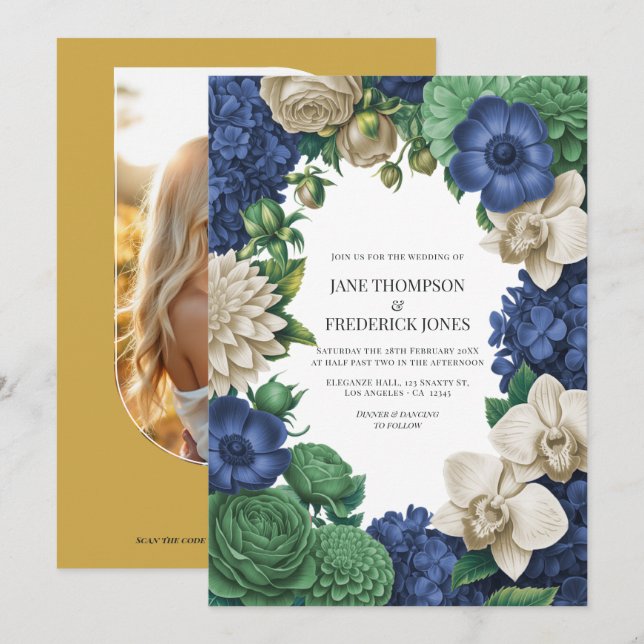 Ink Blue, Slate Green & Winter Sand Wedding Einladung (Vorne/Hinten)