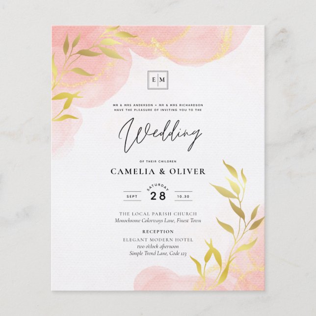 INK Coral Peach Gold Blätter Einladung Hochzeit Flyer (Vorne)