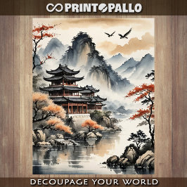 Ink drawing Japanese Pagoda on autumn lake -  Seidenpapier