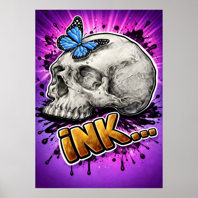 INK… Hand-Drawn Skull with Butterfly Poster (Vorne)