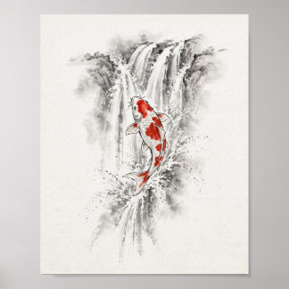 Ink Koi Fisch springt über Wasserfall Poster