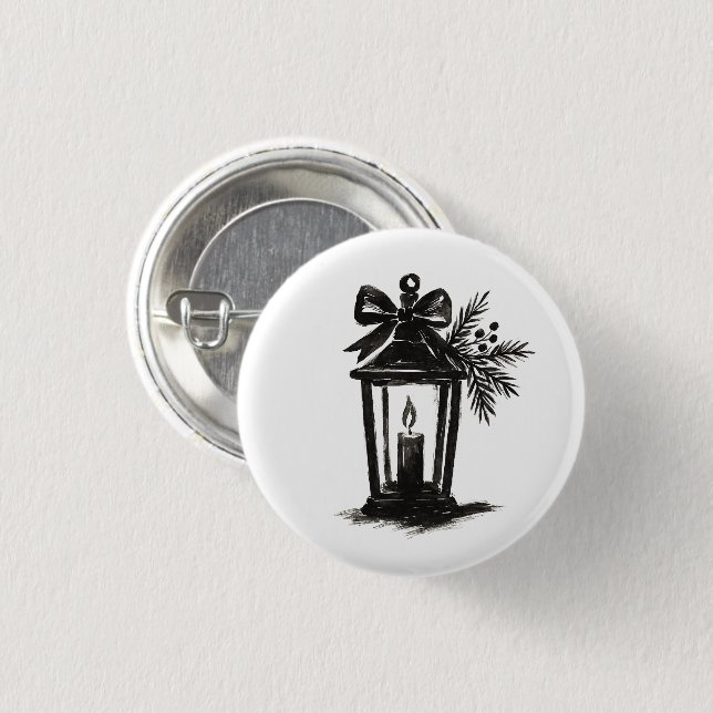 Ink Lantern with Candle and Pine – Holiday Art on  Button (Vorne & Hinten)