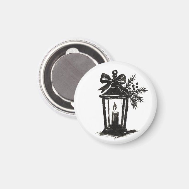 Ink Lantern with Candle and Pine – Holiday Art on  Magnet (Vorderseite/Rückseite)