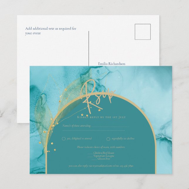 INK Ocean Turquoise Aquamarin Gold Wedding RSVP Postkarte (Vorne/Hinten)