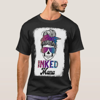 Inked Mama Bleached Leopard Messy Bun Skull Mama T-Shirt