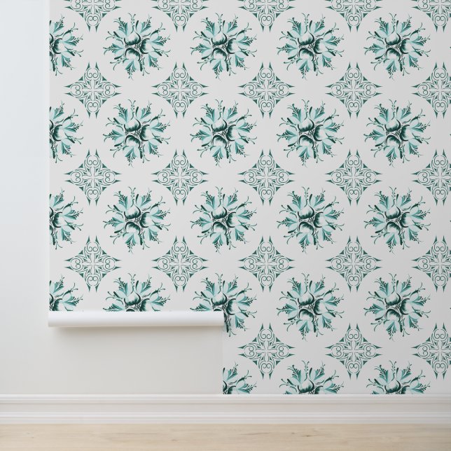 Inky Floral Wallpaper | Aquamarin grün Tapete (Anwendung)