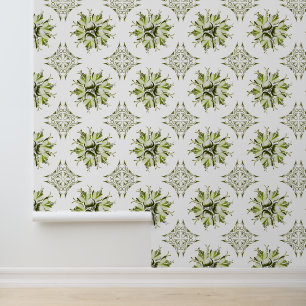 Inky Floral Wallpaper Grün und Weiß Tapete