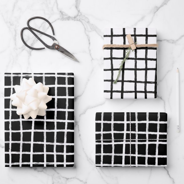 Inky Lines Grid Brushstrokes Einfache minimale B&W Geschenkpapier Set (Vorderseite)