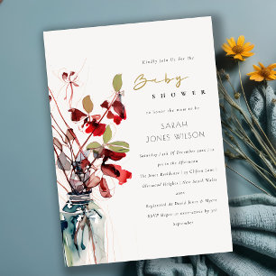 Inky Rot Grüne Vintage Boho Florals Baby Shower Einladung