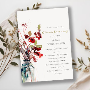 Inky Rot Grüne Vintage Boho Florals Taufe Einladung