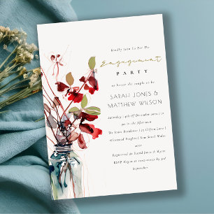 Inky Rot Grüne Vintage Boho Florals Verlobung Einladung