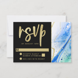 Inky Splash Blauer Marmor mit Goldfolie Hochzeit RSVP Karte