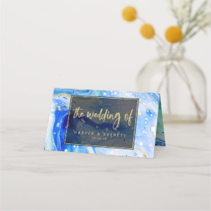 Inky Splash Blue Marble Gold Wedding Tischnummer Platzkarte