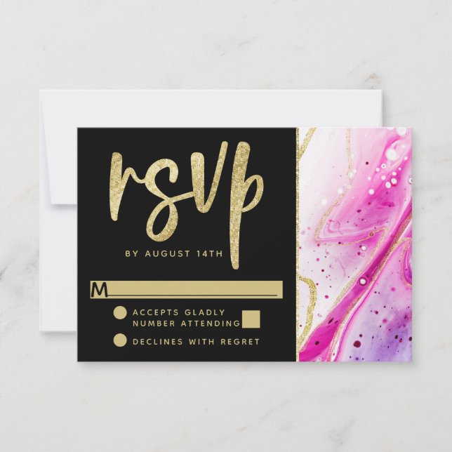 Inky Splash Rosa Marmor mit Goldfolie Hochzeitsfol RSVP Karte (Vorderseite)