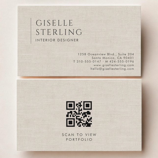 Innenarchitekt Luxus Neutraler Leinen QR-Code Visitenkarte (Von Creator hochgeladen)