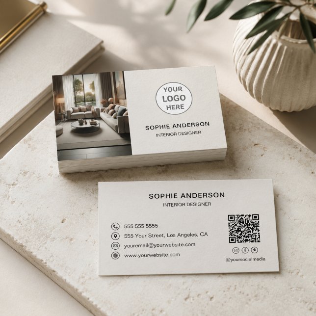 Innenausstatter-Logo QR-Code Neutral Beige Visitenkarte (Interior Designer Logo QR Code Neutral Beige Business Card)