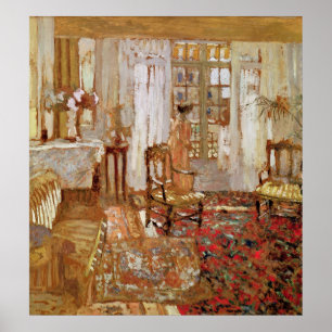 Innenbereich mit einer Frau in Gelb vorne Poster