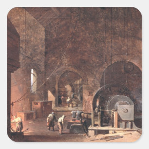 Innenräume eines Eisenwerks, c.1850-60 (Öl auf Lei Quadratischer Aufkleber