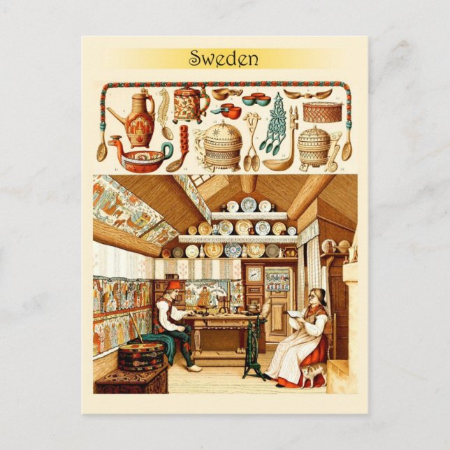 Inneres des schwedischen Hauses (Möbel und Kochges Postkarte (Vorderseite)