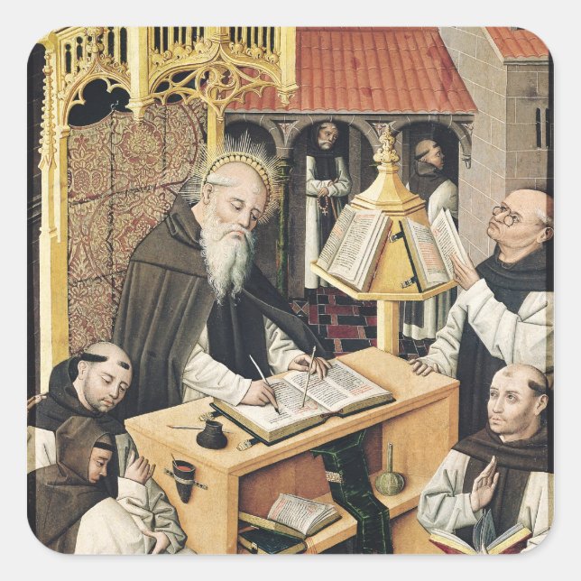 Inneres eines Scriptoriums, Schule von Segovia Quadratischer Aufkleber (Vorderseite)