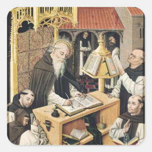 Inneres eines Scriptoriums, Schule von Segovia Quadratischer Aufkleber