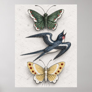 Insekten- und Vogeldekorplatte Poster