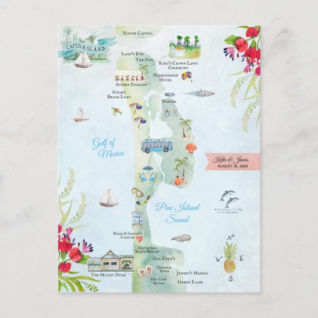 Insel Captiva | Hochzeit in Urlaubsort Fahrplan Postkarte (Vorderseite)
