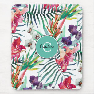 Insel Florales tropisches Muster mit Monogramm Mousepad