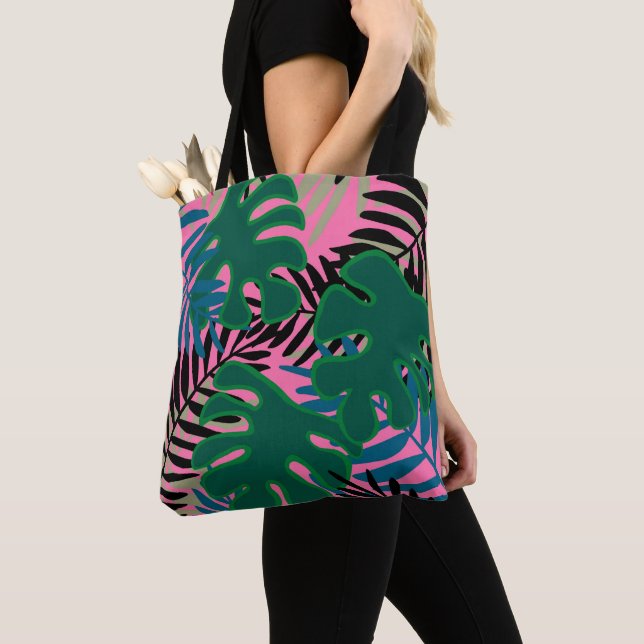 Insel Palm Green Pink Schwarze Tasche große Tasche (Von Nahem)