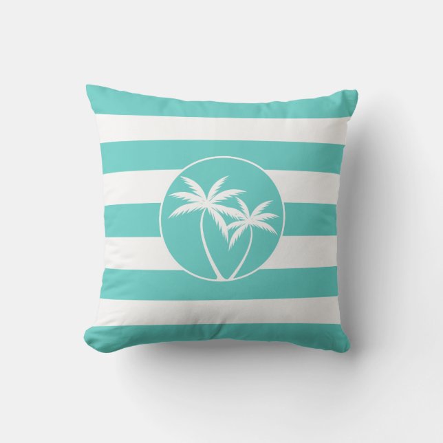 Insel Palms Beach Leben auf Aqua Stripes Muster Kissen (Vorderseite)