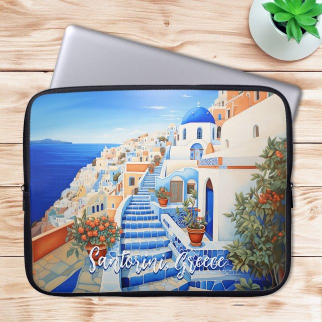 Insel Santorin Illustration | Art der Reise Laptopschutzhülle (Santorini Island Illustration | Travel Art Laptop Sleeve)