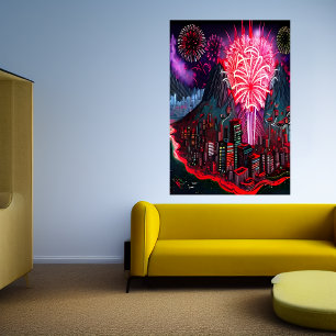Insel, Stadt und Feuerwerk   AI Art Poster