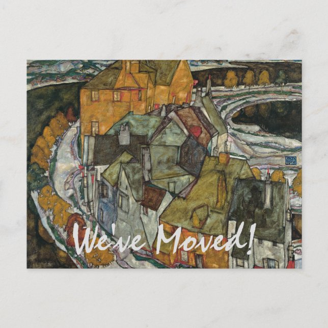 Insel Stadt von Egon Schiele, Adressenwechsel Ankündigungspostkarte (Vorderseite)