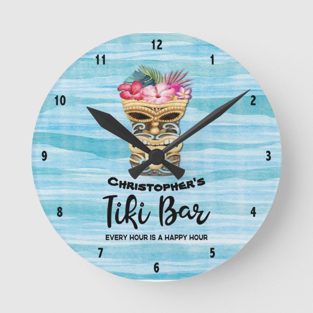 Insel Tiki Bar Mit Monogramm Runde Wanduhr (Vorderseite)
