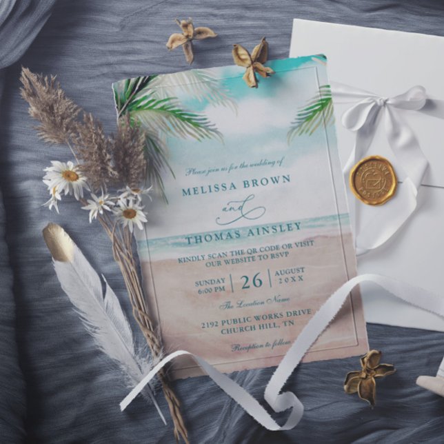 Inselluft Sandstrand Eleganter QR-Code Hochzeit  Einladung (Von Creator hochgeladen)