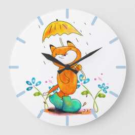 Inspiration Frühlingsfox mit Regenschirm Große Wanduhr