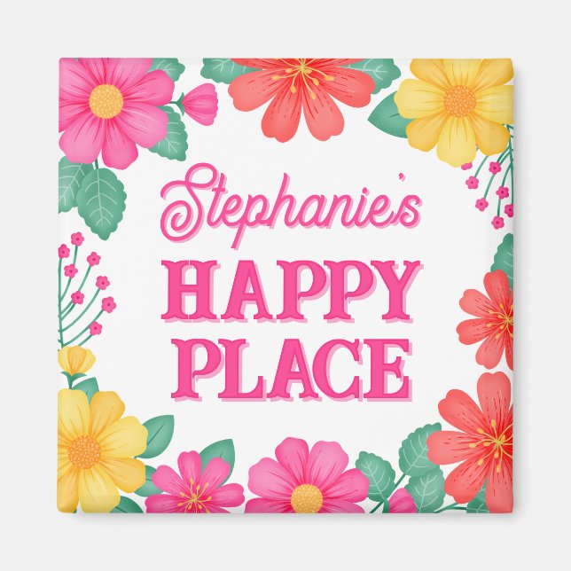 Inspiration Personalisiert Happy Place Floral Magnet (Vorne)