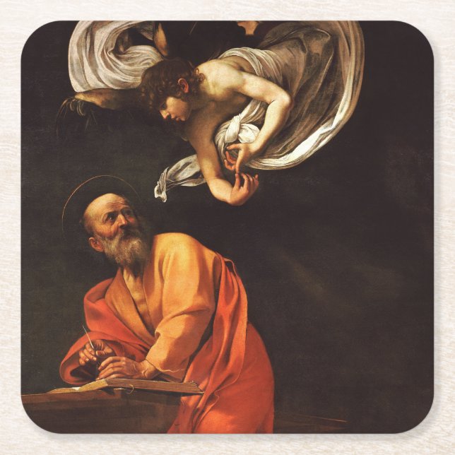 Inspiration Saint Matthew Caravaggio Malkunst Rechteckiger Pappuntersetzer (Vorderseite)