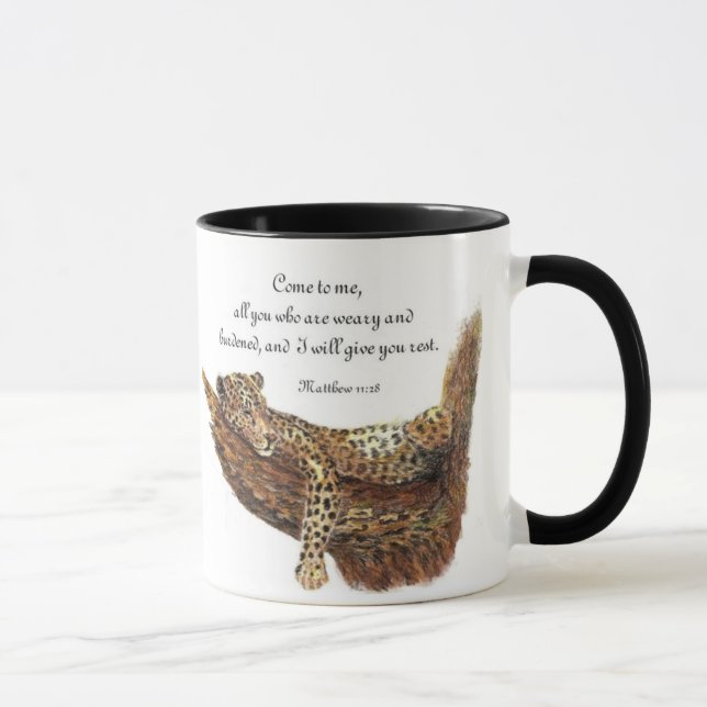 Inspiration, Schrift, Matthew 11:28, Leopard Tasse (Rechts)