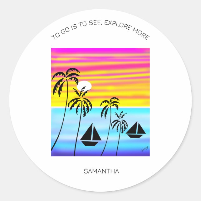 Inspiration, tropisches Sonnenuntergang Segeln Runder Aufkleber (Vorderseite)