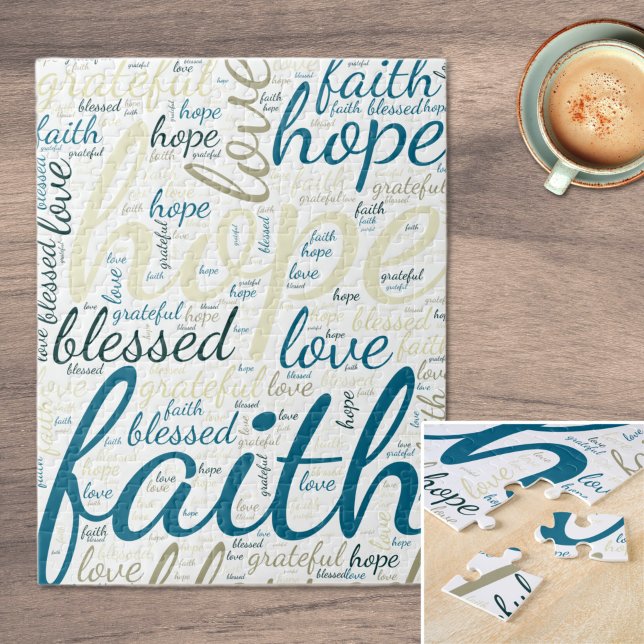 Inspiration und Glaube Text in Blues, Tans Puzzle (Inspirational Hope and Faith Text Blue and Tan Jigsaw Puzzle)